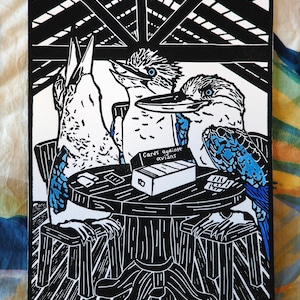 Hand-Coloured Linoprint – Blue-Winged Kookaburra Artwork, Limited Edition Bird Print
