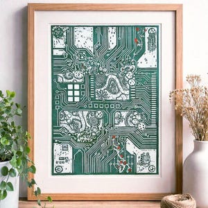 System Error Linoprint: Circuit Board & Roses - Tech Nature Art