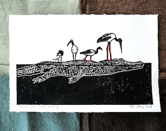 Australian Bird Art Print – Jabiru, Ibis, Jacana and Magpie Goose Linocut, Crocodile Wildlife Print