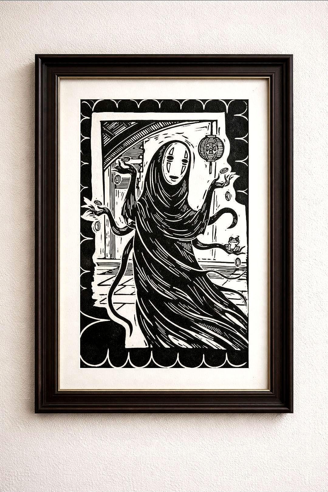 No-face Lino Print – Studio Ghibli Inspired | Spirited Away Anime