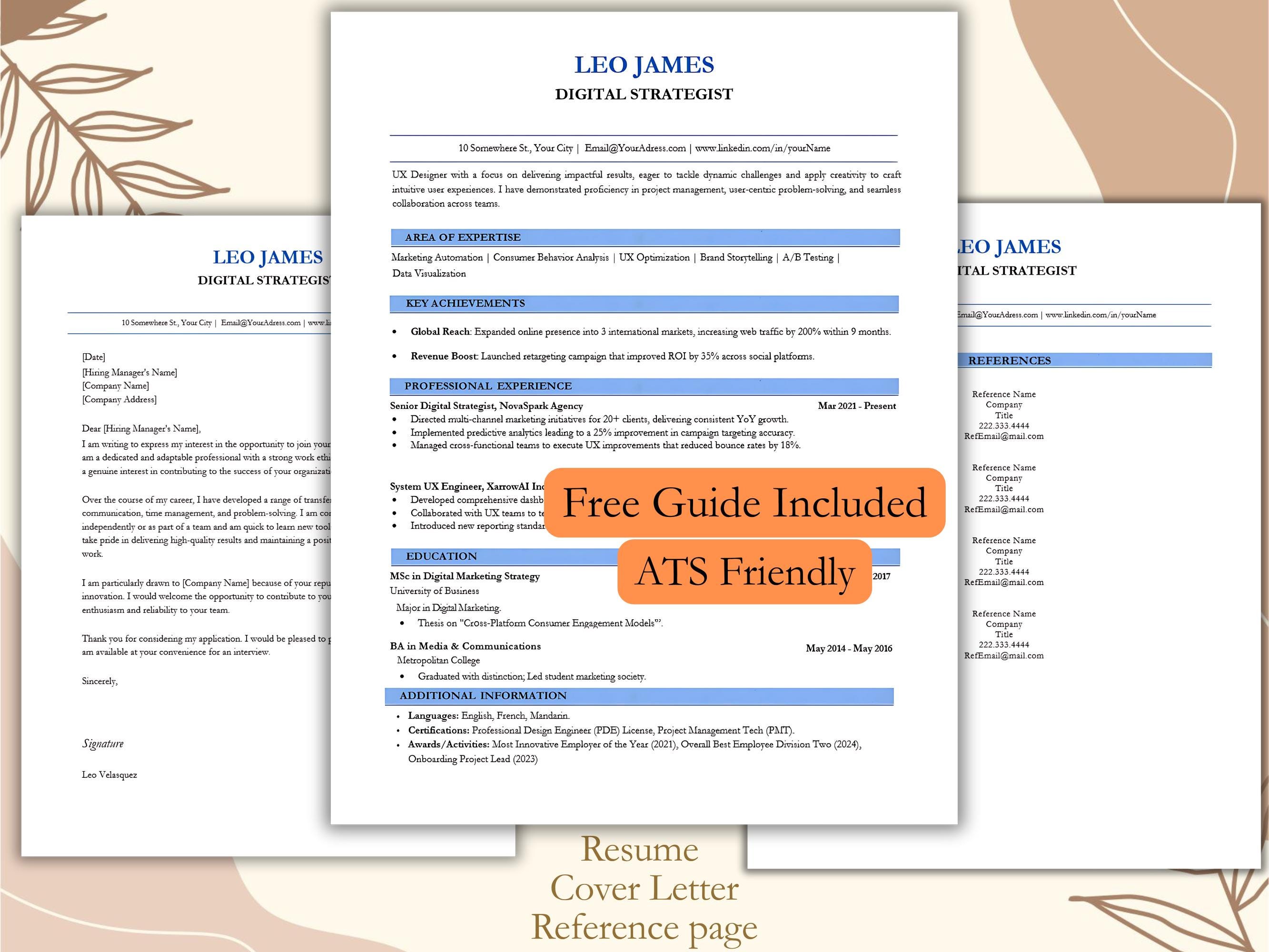 ATS Resume Template, Cover Letter, References, Editable Resume Kit, Simple CV, Minimalist Resume, Job Application Download