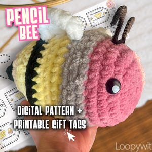 Crochet Pencil Bee Pattern + Printable Tags (Digital Download) Back to School Teacher/Student Gift