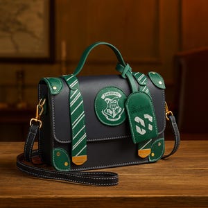 Puede incluir: Bolso bandolera negro y verde con diseño de corbata a rayas blancas y asa verde. El bolso presenta un emblema circular y una etiqueta con la palabra "Slytherin" y el número 7. Los detalles dorados acentúan el bolso.