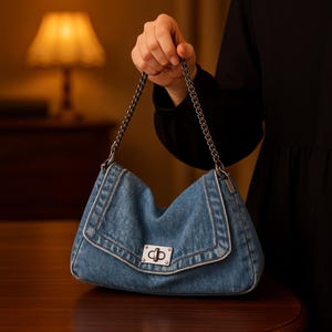 Può includere: Una borsa in denim blu con una tracolla a catena argentata. La borsa ha una chiusura a patta con una chiusura argentata. La borsa è tenuta da una persona che indossa un vestito nero. La borsa è di medie dimensioni.