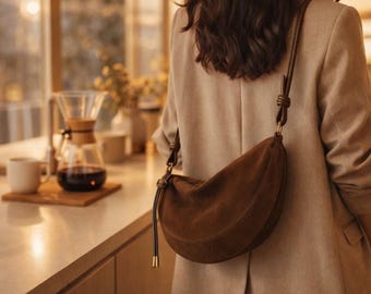 Suede Shoulder Bag Chocolate Brown, Handbag, Crossbody Purse, Half Moon Shoulder Bag for Women, Stylish, Versatile, Fashionable