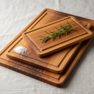 May include: Three wooden cutting boards of varying sizes are stacked. The boards are a warm brown color with a rectangular shape and a recessed edge. A sprig of rosemary and a pile of salt are on top of the boards.