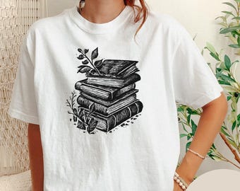 Lino Cut Book Stack Shirt • Vintage Botanical Book Lover Gift • Comfort Colors