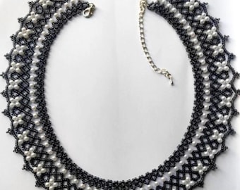 Vintage Black & White Netted Beaded Collar Necklace