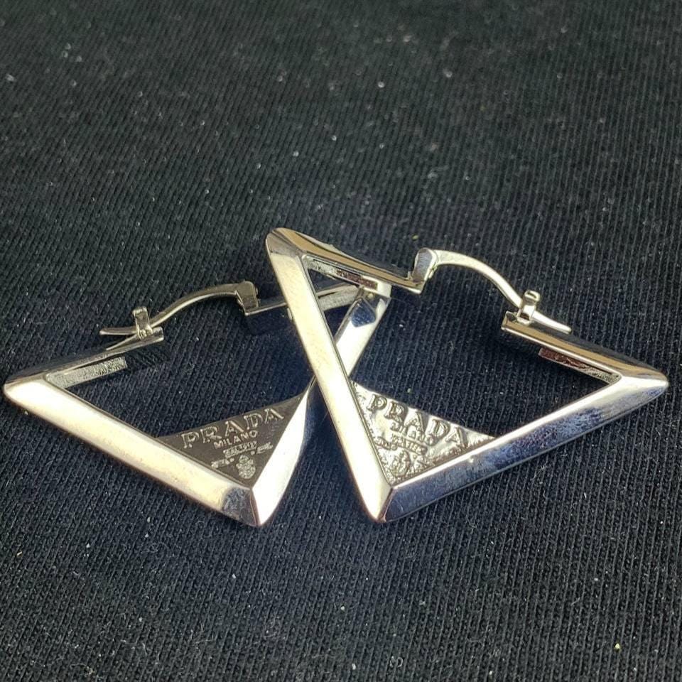 Prada Silver Logo Triangle Hoop Earrings
