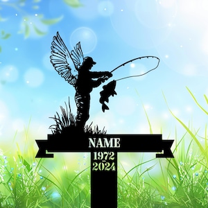 Custom Fishing Memorial Stake, Personalized Bass Fisherman with Wings Metal Grave Marker, Custom Lake Fisherman Tribute.
