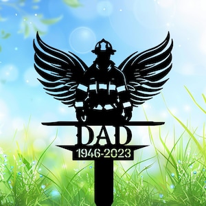 Personalized Angel Firefighter Memorial Metal Stake, Firefighter Memorial Plaque with Stake, Fireman Cemetery Stake, Firefighter Grave Maker