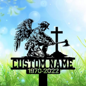 Personalized Firefighter Memorial Metal Stake, Fireman with Fire Axe Kneeling Sign, Fireman Cemetery Stake, Fire Grave Maker.