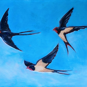 Vibrant Acrylic Painting of Birds in Flight on Small Canvas- Gallery Wall Art Decor
