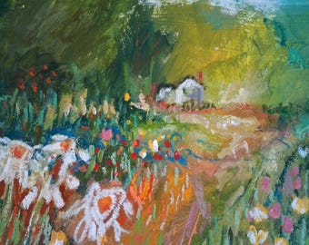 Whimsical Cottage Wildflower Landscape Painting Original 11x14 Mixed Media Art | Impressionist Meadow Cottage Wall Decor | Dreamy Nature Art
