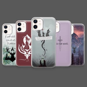 May include: A collection of five phone cases with various designs. One case features a deer silhouette with text, another a woman silhouette, a third with a dragon and text, a fourth with a sword and text, and the last with a mountain scene.