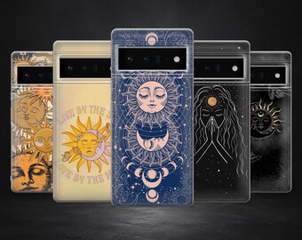 May include: A collection of five phone cases with celestial designs. The cases feature sun and moon illustrations in various colors, including yellow, blue, and black. Some cases have the text "Live by the Sun".