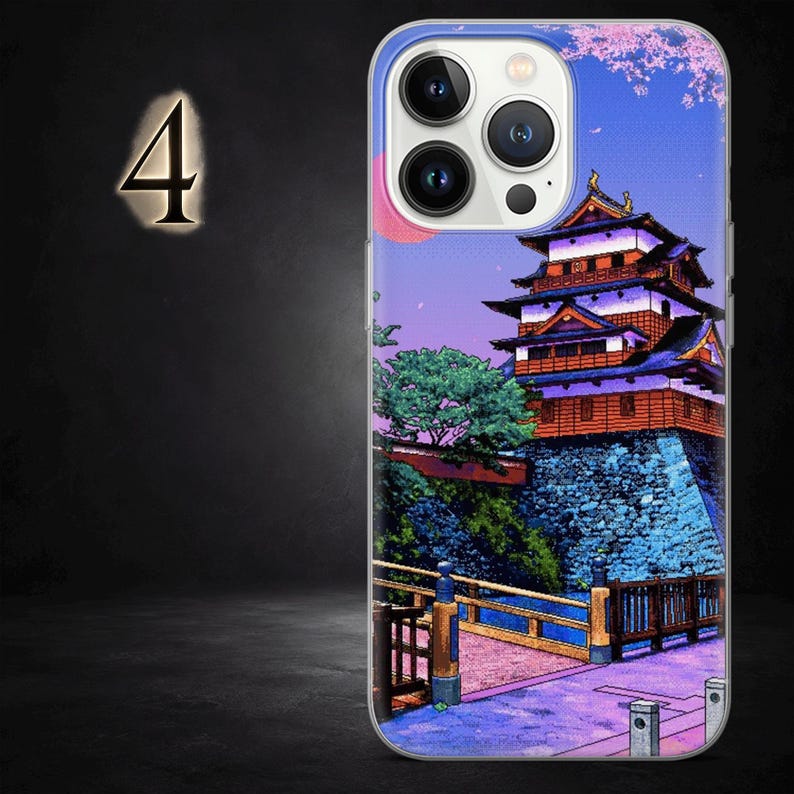 May include: A phone case with a Japanese castle design. The case showcases a castle, bridge, and cherry blossoms in a vivid colour scheme. The design incorporates blues, purples, and oranges. The number "4" is visible on the left side of the image.