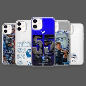 Puede incluir: Una colección de fundas para teléfonos con temas de carreras de Fórmula 1. Los diseños incluyen imágenes de pilotos, cascos de carreras y coches, con el número "55" en un lugar destacado. Las fundas son de varios colores, incluyendo azul y blanco.