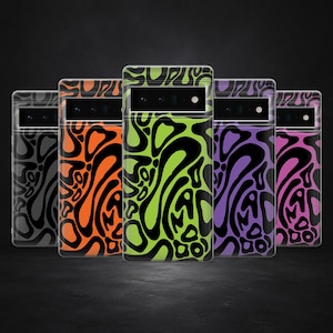 May include: A collection of five phone cases with a swirling, abstract design. The cases feature a variety of colors, including gray, orange, green, purple, and pink, with black accents. The cases are displayed against a dark background.