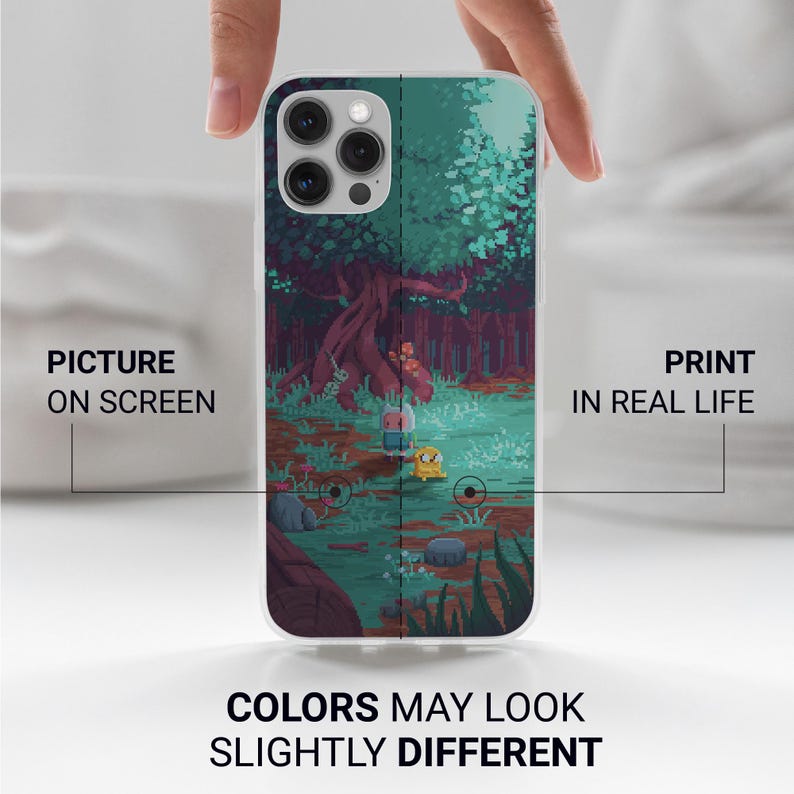May include: A clear phone case displaying a pixelated forest scene with a large tree, two small characters, and the text "PICTURE ON SCREEN" and "PRINT IN REAL LIFE". The text "COLORS MAY LOOK SLIGHTLY DIFFERENT" is also visible.