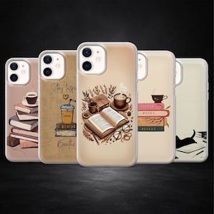 May include: Five phone cases with different designs. The cases show illustrations of books, coffee cups, and the words "Stay Inspired" and "Coffee Books Repeat". The colour scheme includes browns, tans, and cream.