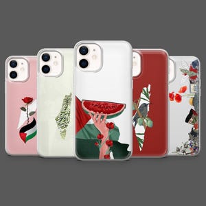 Könnte beinhalten: Fünf Handyhüllen mit verschiedenen Designs. Die Hüllen zeigen Illustrationen einer Rose, einer Karte mit arabischer Kalligraphie, einer Hand, die eine Wassermelone hält, eines Vogels auf einem Ast und Blumen. Jede Hülle hat einen transparenten Rand und ein glänzendes Finish.