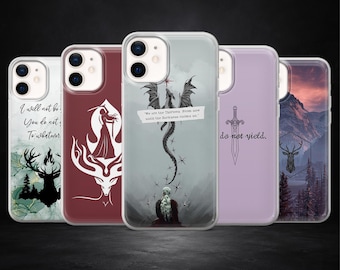 May include: A selection of phone cases with different designs. One case shows a deer silhouette with text, another a woman in a dress, and a third with a dragon and the text "We are the Thirteen. From now until the darkness rises us."