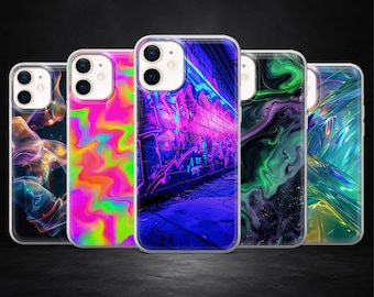 May include: A collection of five phone cases with various designs. The cases feature vibrant graphics, including abstract patterns, graffiti art, and swirling colors. Each case has a clear border and a camera cutout.