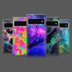 May include: Five phone cases with unique designs. One case features a neon graffiti scene, while others display abstract patterns in vibrant colors like pink, green, and blue. The cases have a sleek, modern design.