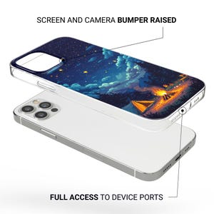 May include: A clear phone case with a night sky and campfire design. The case has a raised screen and camera bumper and full access to device ports. The design features a starry sky, clouds, and a campfire scene.