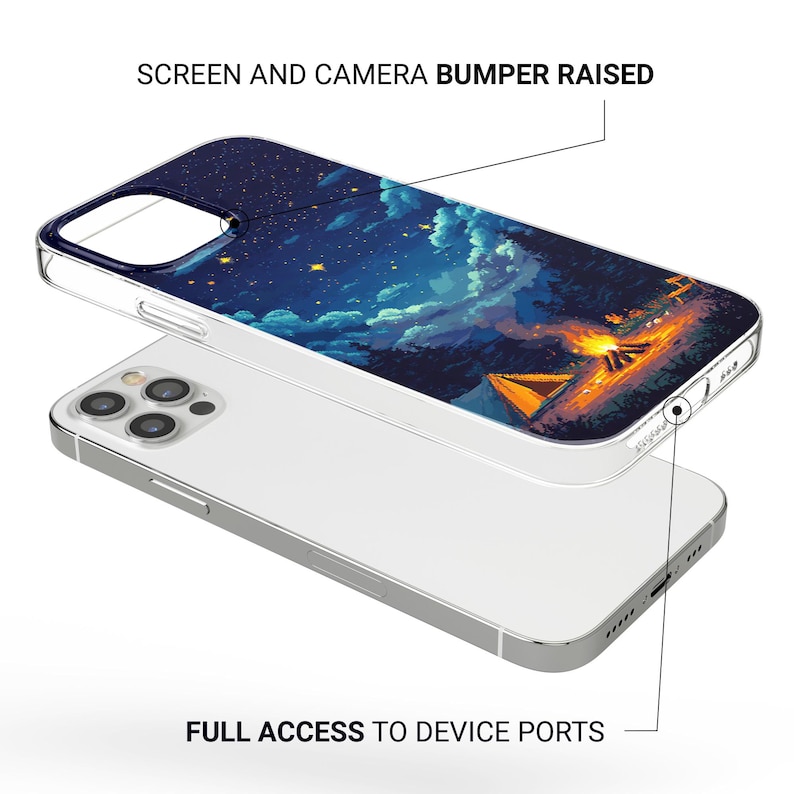 May include: A clear phone case with a night sky and campfire design. The case has a raised screen and camera bumper and full access to device ports. The design features a starry sky, clouds, and a campfire scene.