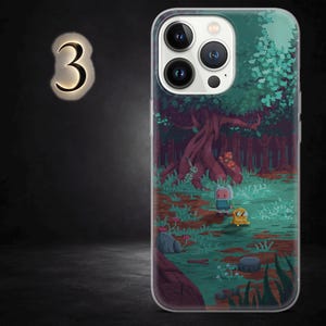 May include: A clear phone case with a pixelated forest design, including a large tree and two cartoon characters. The background is dark, with the illuminated number 3.