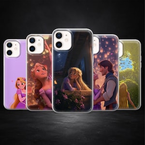 May include: A collection of phone cases featuring illustrations of a princess with long blonde hair. The cases display various scenes, including a princess looking up, a princess with a man, and a princess on a balcony.