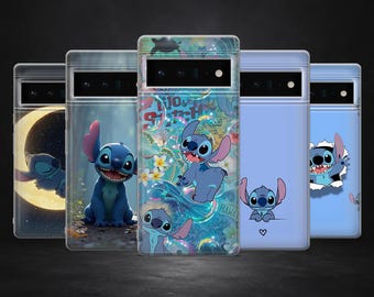 May include: Five phone cases with Stitch from Lilo & Stitch. Each case has a different design, including Stitch in various poses, a moon, and floral elements. The cases are in shades of blue and white.