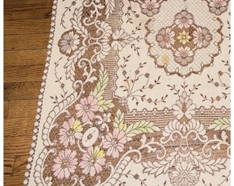Rectangle Vtg cream floral lace table topper with pink yellow and green accents