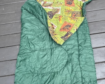 MCM Camping Themed Sleeping Bag Green w/Hunting Fishing Flannel - Vtg JC Penney