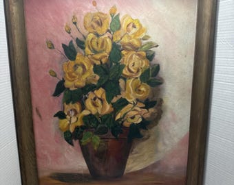 Vintage Floral Yellow Roses Oil Painting Signed Mattie Anderson 27"x 31"