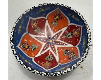 Vintage Handmade Ceramic Trinket Bowl Colorful Detailed Floral Design
