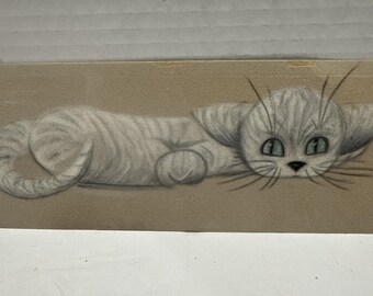Vintage Original Sketch Of A Gray & White Cat-By M. McCarthy-3 3/8"x8 5/8"