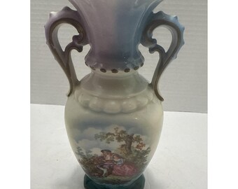 Vtg Czechoslovakian Porcelain Vase W/ Hand-Painted Courting Scene-Double Handles