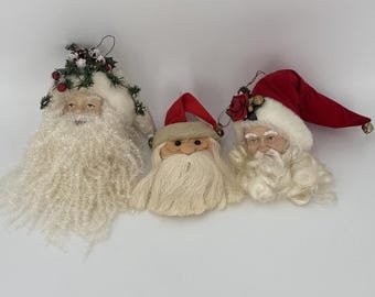 Three Vintage 3D Santa Head Christmas Ornaments-2 Hard Heads And 1 Cloth Head