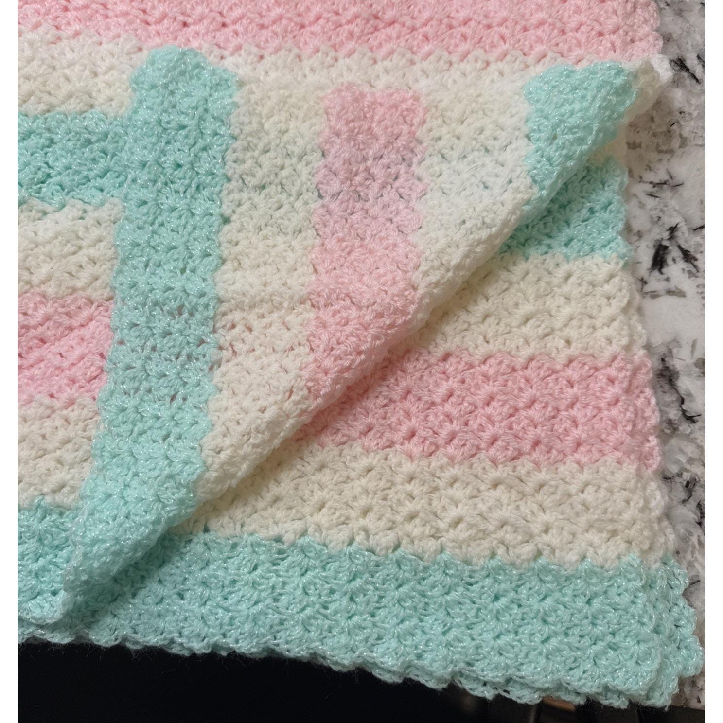 Crochet/Knit Baby BlanketAFGHAN Striped 42" x 40.5"Pastel Pink White And Green