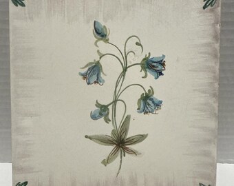 Vtg Floral Ceramic Tile Hand-Painted-White W/ Blue & Green  Shading-Germany-6x6