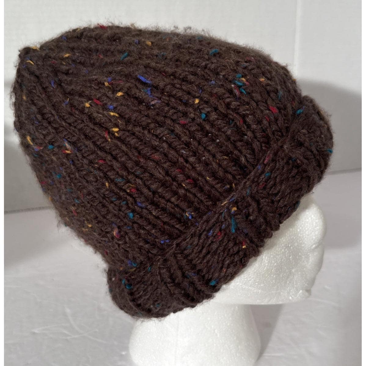 Hand Knit Beanie Hat Stocking Cap Soft Premium Wool Multicolor Speckled Brown Brown Multi-Color Merino Wool Knit Hat with Faux Fur Pom Pom  main image 3