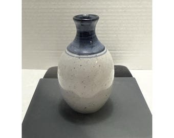 Vtg Blue and Gray Speckled Studio Art Pottery Flower Bud Vase-Potter's Mark-4.5"