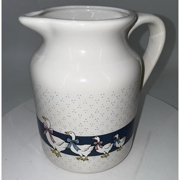 Vintage Country Geese Pitcher 1980s Blue Pink Ribbons  On Geese Cottagecore