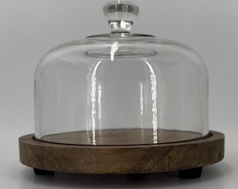Vintage Clear Glass Cloche Dome with Wooden Footed Base Cheese Display
