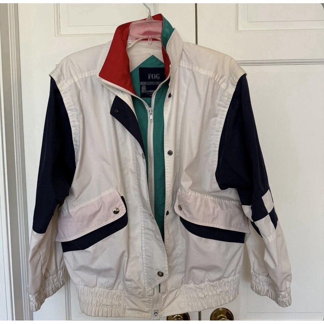 Block Design Jacket Vtg Unisex White Green Red & Navy Color Block Design Jacket/windbreaker ...