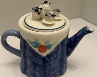 Vtg. Hand-Painted Teapot with Mini Tea Set on Lid ~ Blue and White ~ 6" x 7.5"