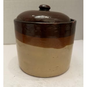 VTG Bean Pot Cookie Jar Canister Stoneware Brown Glazed Rustic Farmhouse Boho
